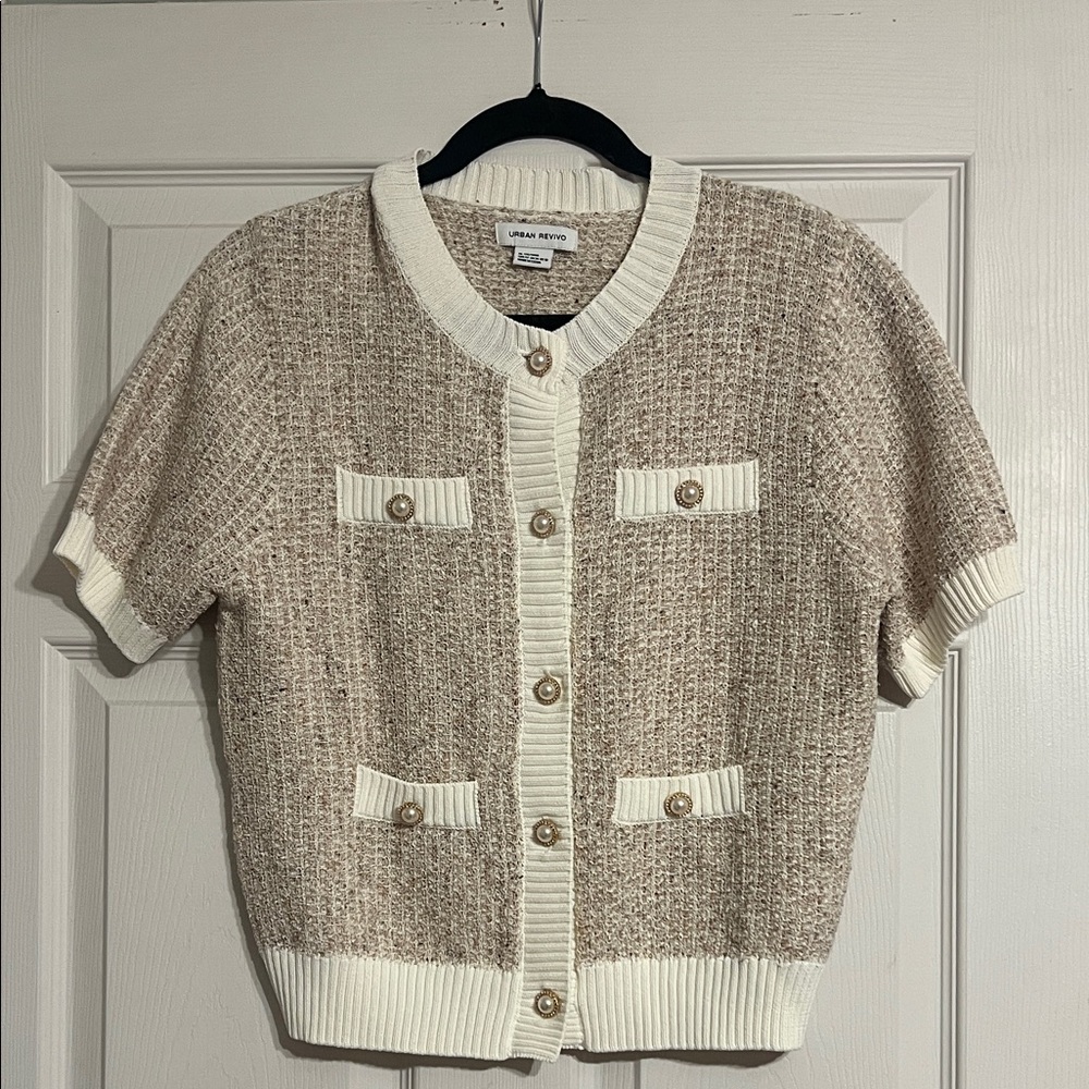 Urban Revivo Cream & Beige Short-Sleeve Knit Cardigan